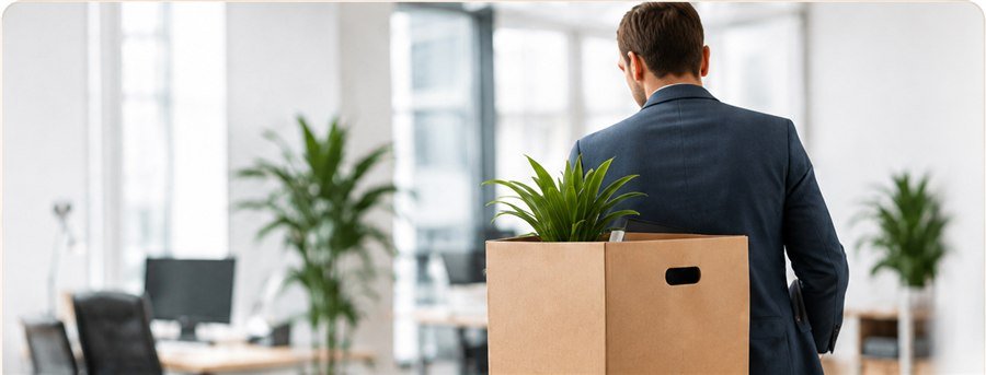 Person verlässt mit einem Umzugskarton unter dem Arm ein Büro